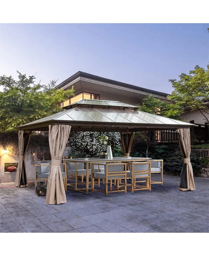 Mondawe 12x16ft Permanent Aluminum Outdoor Canopy Gazebo, Double Roof Uv Protection, Bug Netting, Lifetime Rustproof