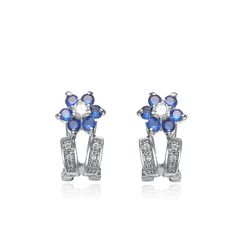 Genevive Cubic Zirconia Sterling Silver Rhodium Plated Sapphire Flower Earrings