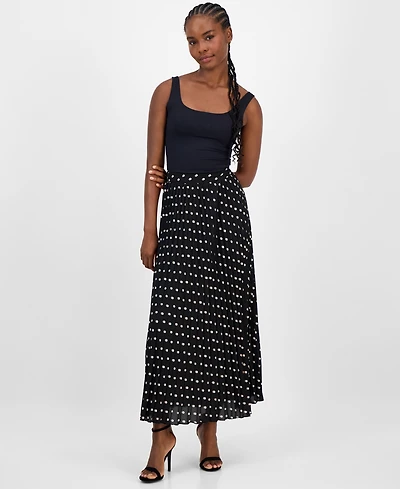 T Tahari Women's Dot-Print Pleated Flared Maxi Skirt