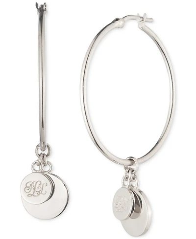 Lauren Ralph Lauren Sterling Silver Logo Drop Medium Hoop Earrings, 1.85"