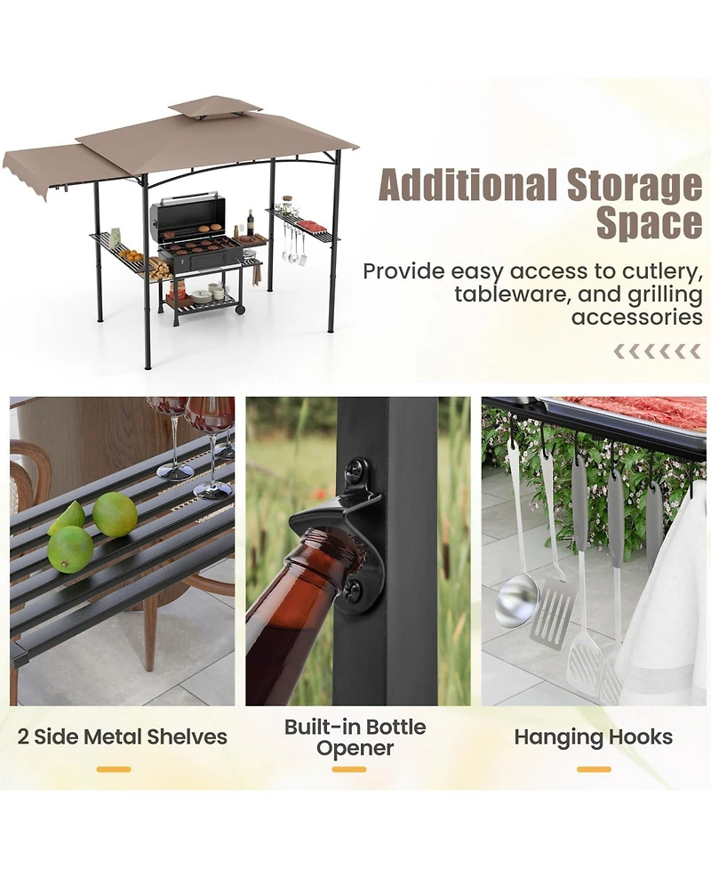 10.5 x 5 Ft Grill Gazebo with Side Awning and Double-Tiered Top