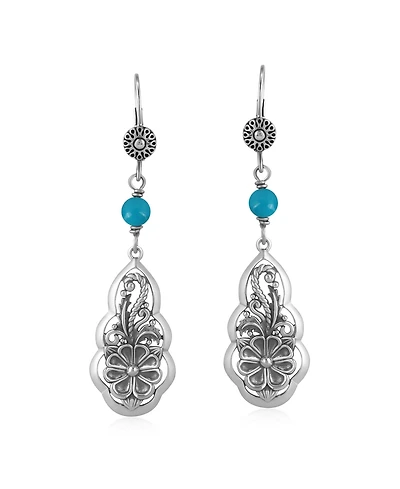 American West Jewelry Sterling Silver Kingman Turquoise Flower Gemstone Bead Lever Back Earrings