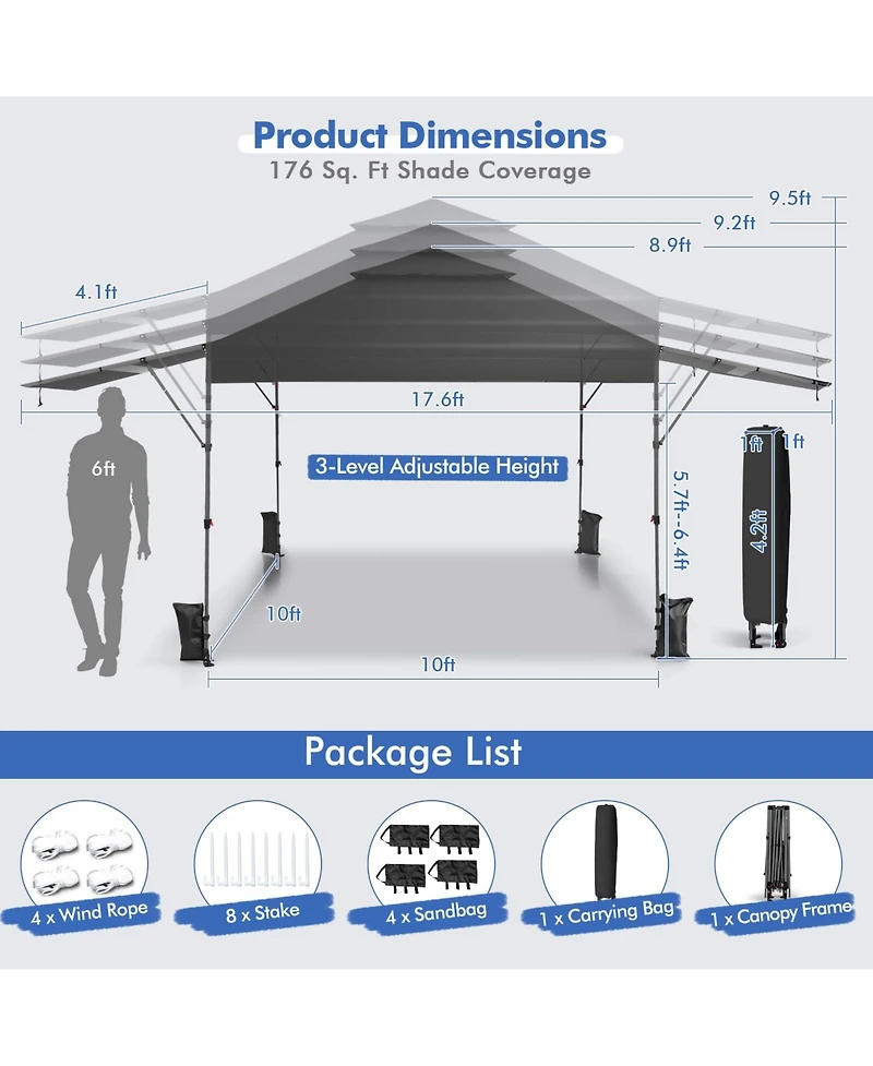 10 x 17.6 Feet Outdoor Instant Pop-up Canopy Tent with Dual Half Awnings