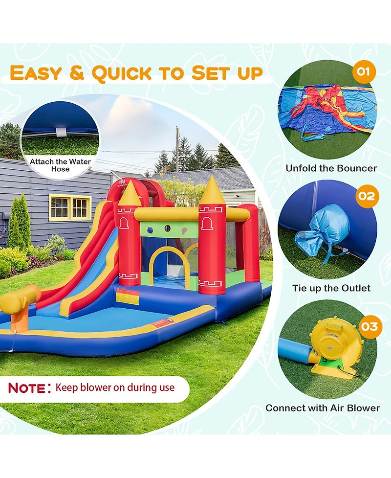 Gymax 9 in 1 Inflatable Bounce House Water Park w/ 680W Blower for 3-10 Years Old