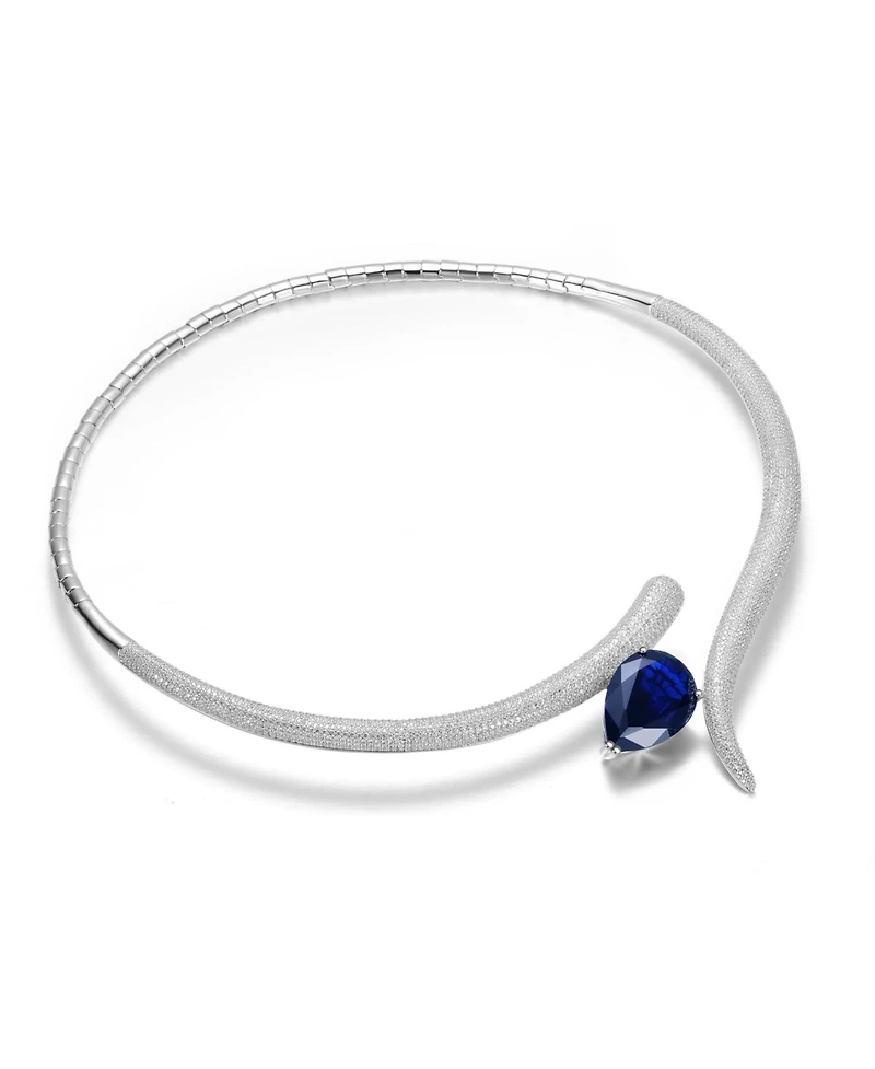 Rachel Glauber White Gold Plated with Blue Teardrop Cubic Zirconia & Clear Cz Accents Collar Necklace