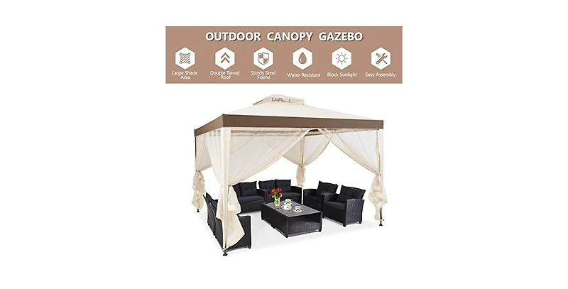 10 x 10 Feet Patio Canopy Gazebo with Neting and Double Tiered Roof