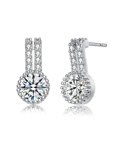 Rachel Glauber White Gold Plating with Clear Cubic Zirconia Solitaire Milgrain Double Drop Earrings