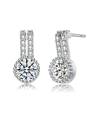 Rachel Glauber White Gold Plating with Clear Cubic Zirconia Solitaire Milgrain Double Drop Earrings