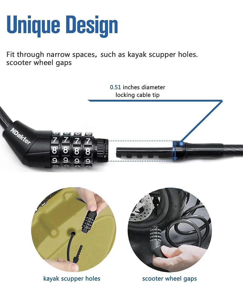Bike Lock, Extra Long Straight Cable Lock 6ft with Resettable Combination, Unique Male Narrow Designed to Especially Suitable for Kayak, Scooter and P