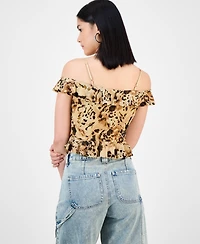 Bar Iii Women's Printed Cold-Shoulder Ruffle-Trim Mesh Top, Exclusively at Macy's