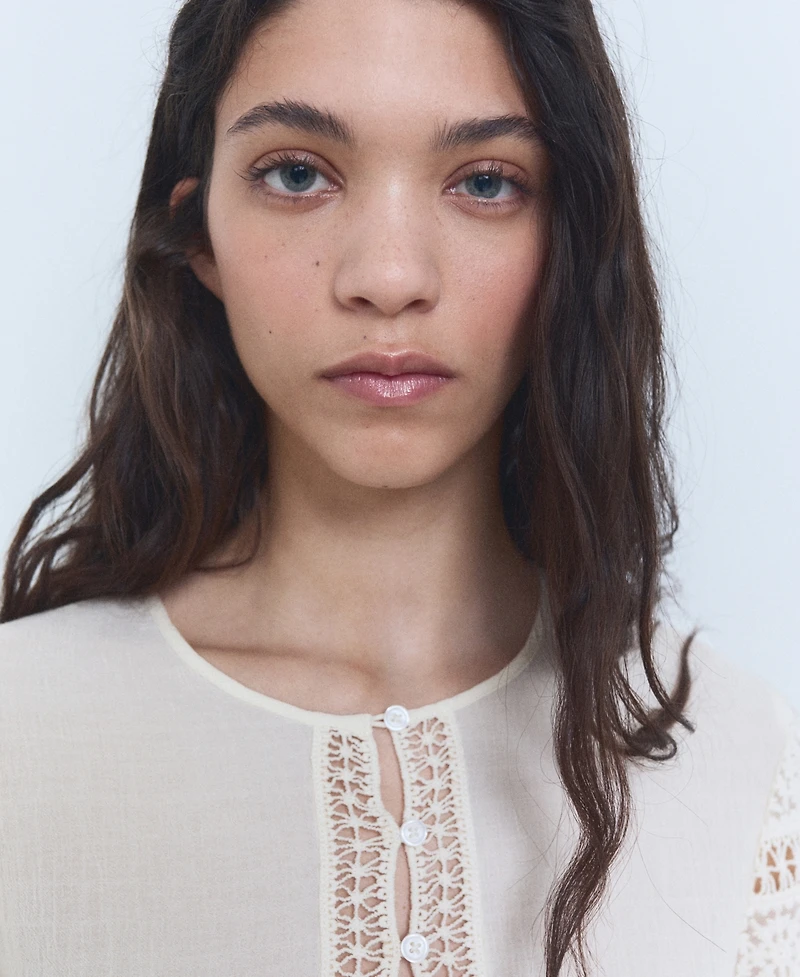 Mango Women's Openwork Details Embroidered Cotton Blouse