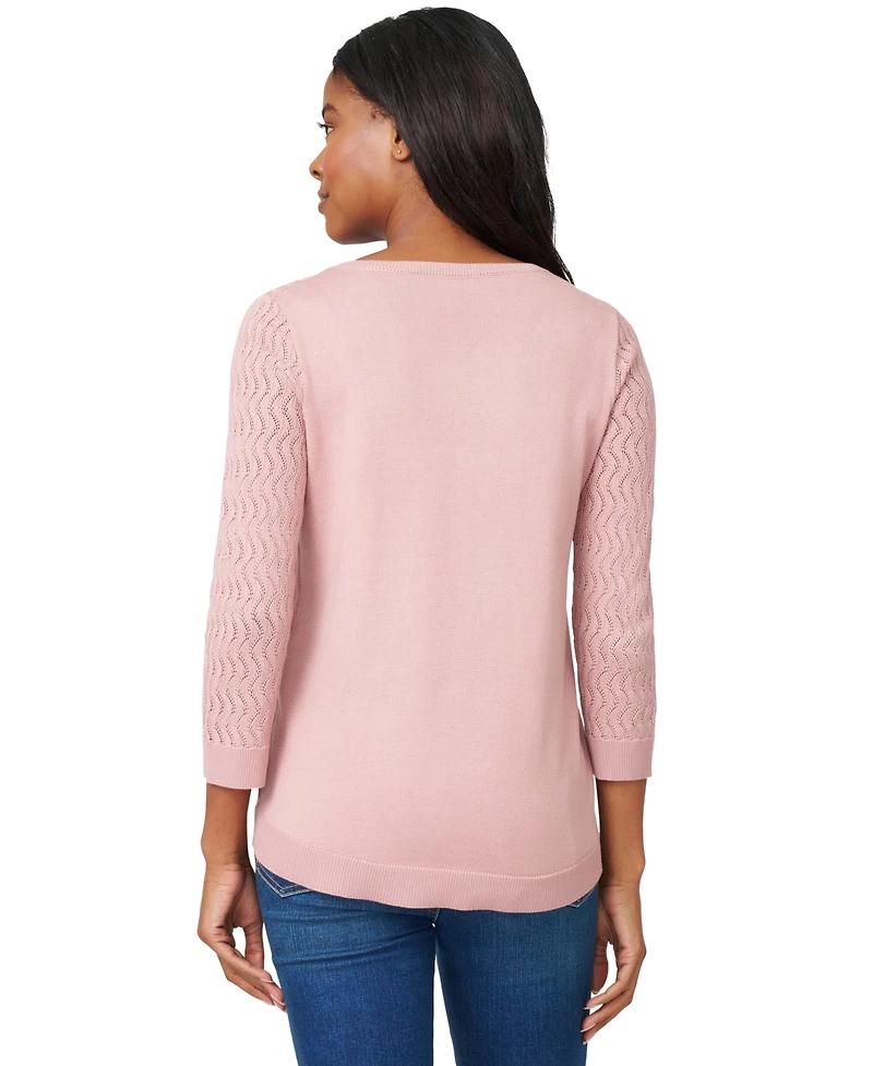 Melissa Paige Women's Crewneck Pointelle 3/4-Sleeve Lightweight Sweater