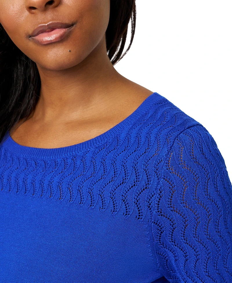 Melissa Paige Women's Crewneck Pointelle 3/4-Sleeve Lightweight Sweater
