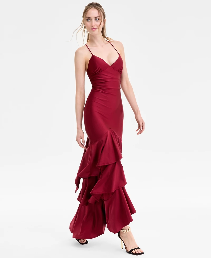 Katia Rae Juniors' V-Neck Ruffled Tie-Back Gown