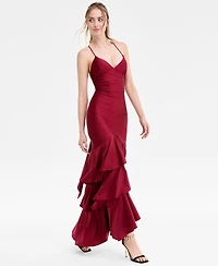 Katia Rae Juniors' V-Neck Ruffled Tie-Back Gown