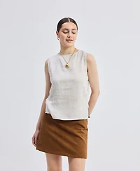 Reistor Women's Boat Neck Top Checkered Linen