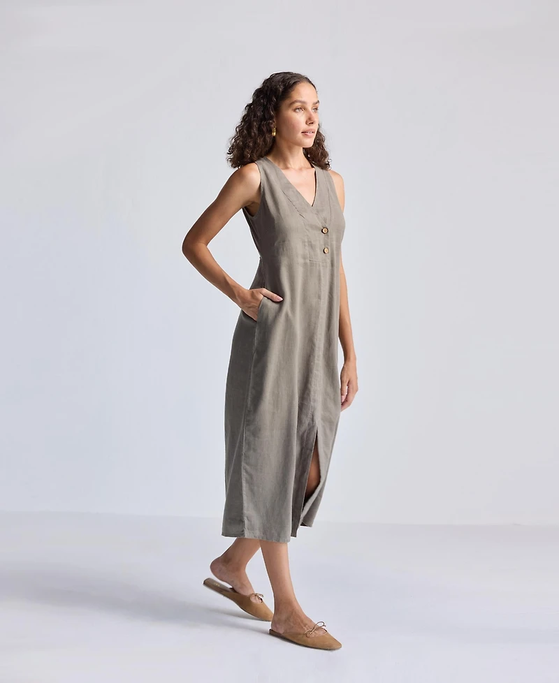 Reistor Straight Dress with Front Slit Dark Green Hemp