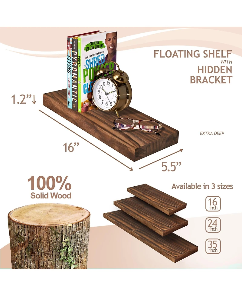 Sorbus 2 Pack 16" Solid Wood Floating Shelves - for Bathroom Decor, Books, Bedroom & Living Room