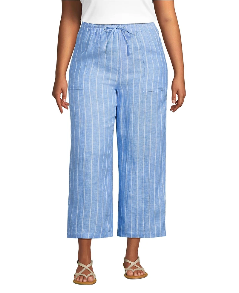Lands' End Women's High Rise Drawstring Linen Wide Leg Crop Pants