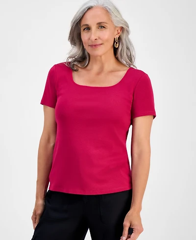 Style & Co Petite Cotton Square-Neck Short-Sleeve T-Shirt, Exclusively at Macy's