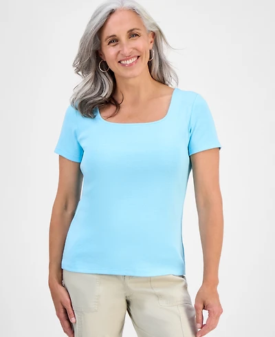 Style & Co Petite Cotton Square-Neck Short-Sleeve T-Shirt, Exclusively at Macy's