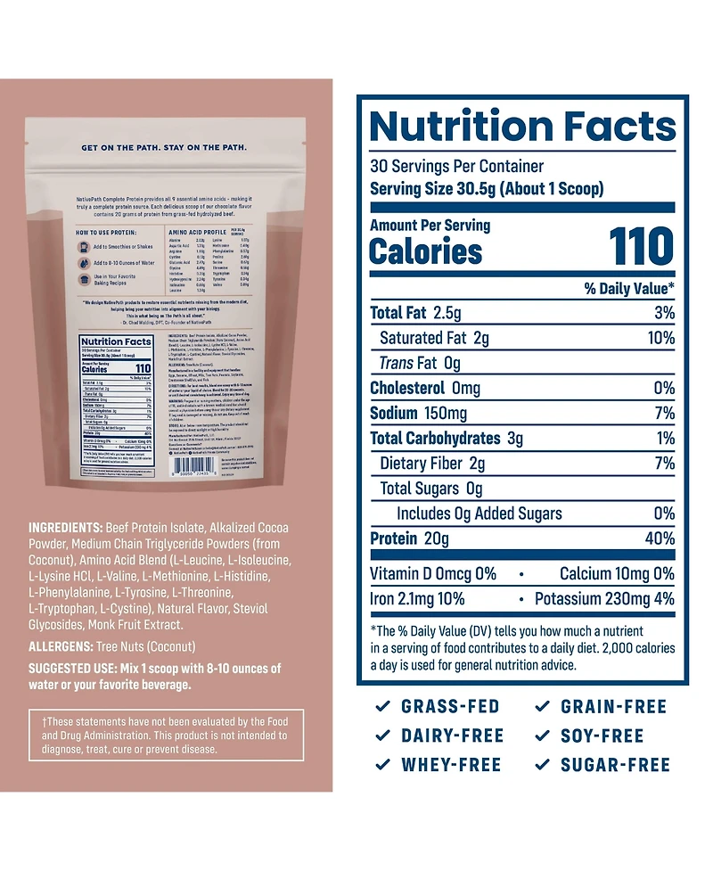 NativePath Complete Beef Protein Powder Isolate – 20g Protein, Chocolate Flavor, 30 Servings