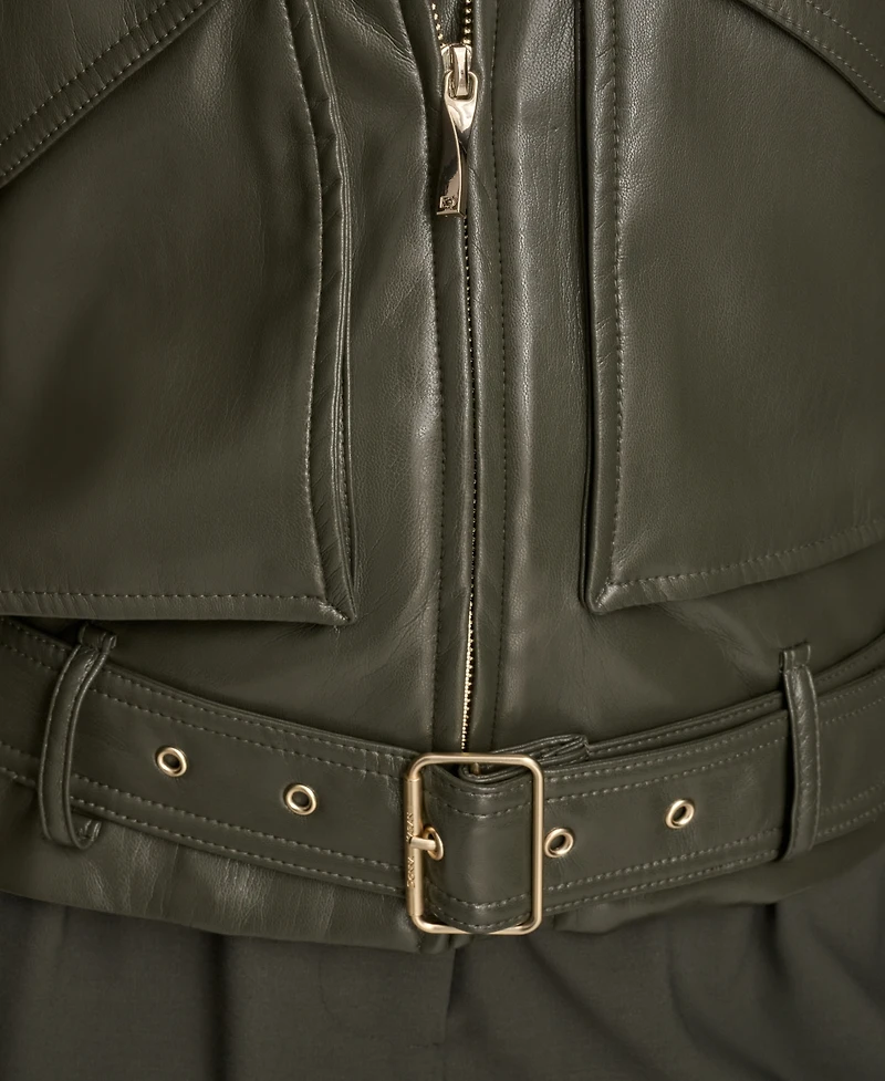 Donna Karan New York Women's Faux-Leather Zip-Front Belted Jacket