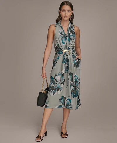 Donna Karan New York Women's Printed Sleeveless V-Neck Hardware Dress