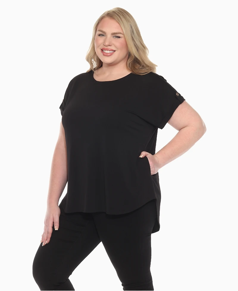 White Mark Plus Folded Short Sleeve Solid Top