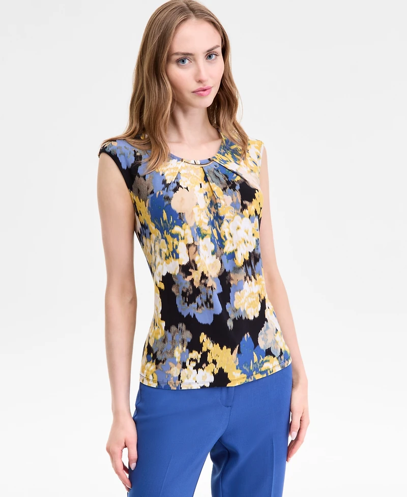 Kasper Women's Printed Pleated-Neck Cap-Sleeve Top