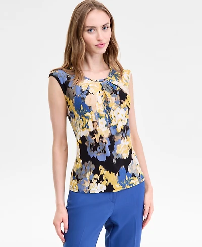 Kasper Women's Printed Pleated-Neck Cap-Sleeve Top