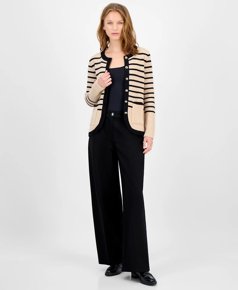T Tahari Women's Striped Crewneck Cardigan