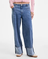 Madden Girl Juniors' High-Rise Cuffed Bow-Embroidery Jeans