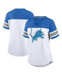 Fanatics Women's White/Blue Detroit Lions Athena Rhinestone Lace-Up V-Neck T-Shirt