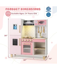 Wooden Pretend Play Kitchen with Ice Maker Range Hood and Blackboard