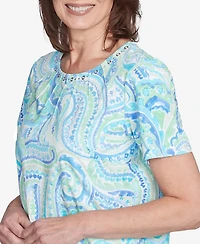 Alfred Dunner Petite Pleated Crew Neck Paisley Top