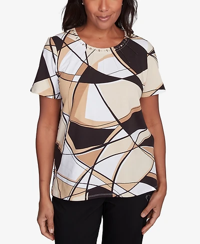 Alfred Dunner Petite Geometric Top with Detailed Neckline