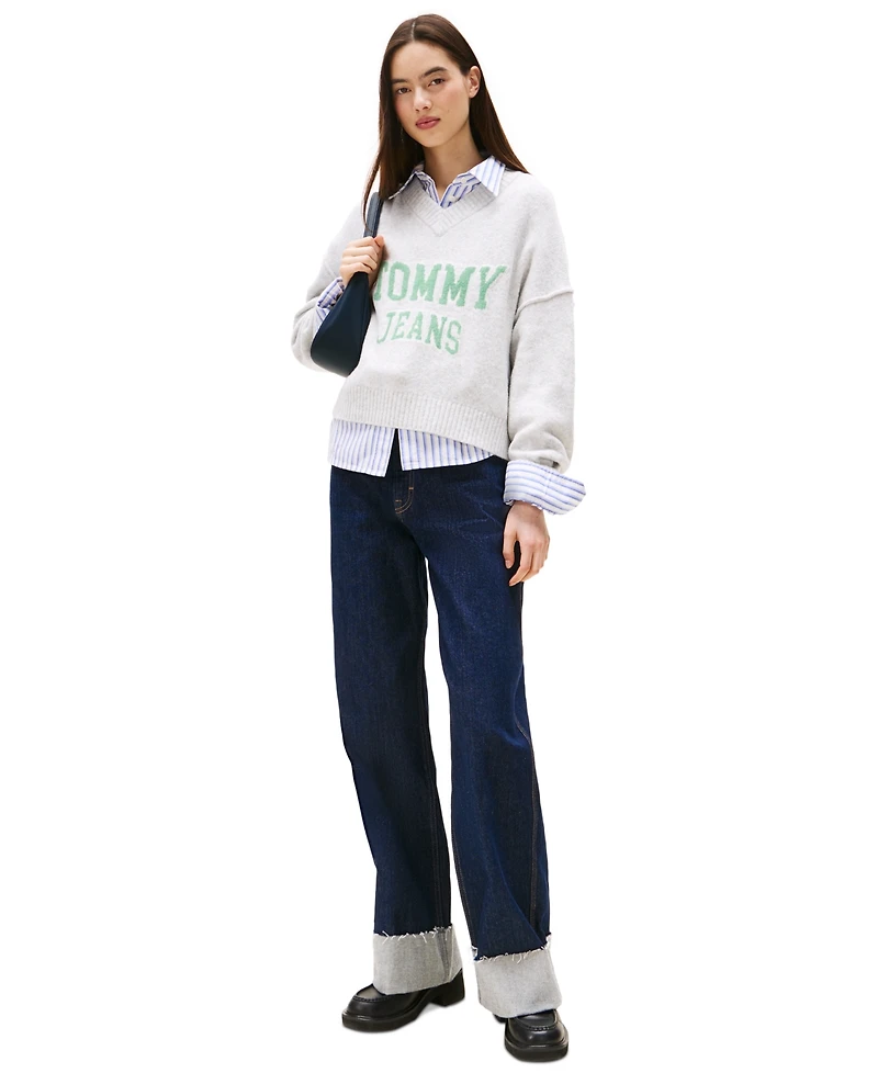 Tommy Jeans Women's Varsity V-Neck Long-Sleeve Logo Sweater