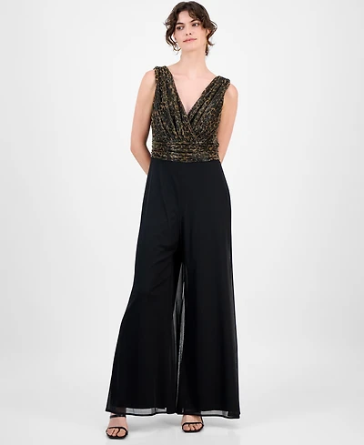 Connected Women's Leopard Print Bodice Chiffon Jumpsuit