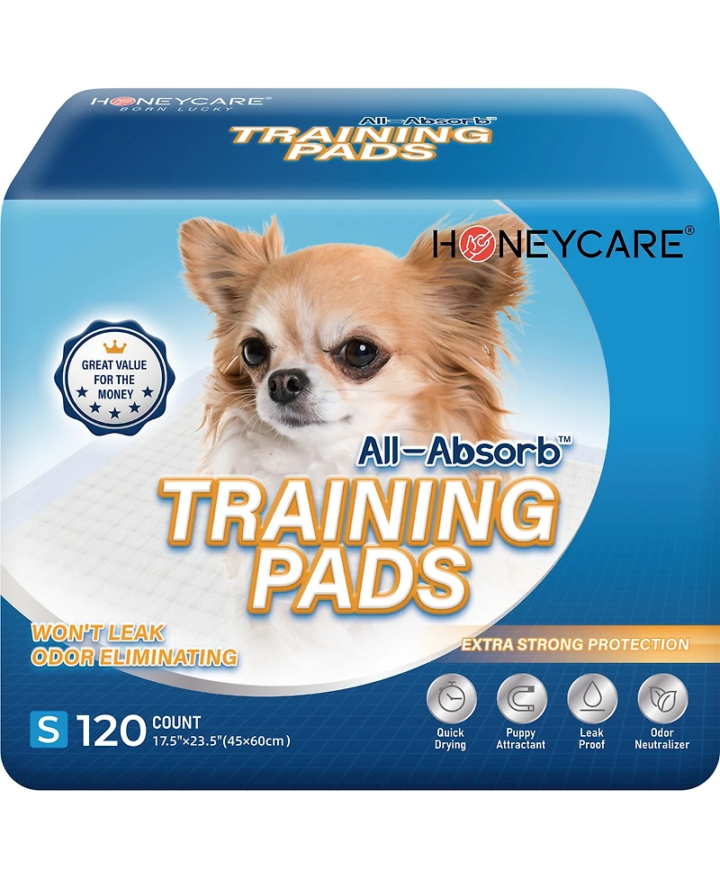 HoneyCare New Born All-Absorb, Small Dog and Puppy Training Pads, Ultra Absorbent and Odor Eliminating, Leak-Proof 5-Layer Potty Training Pads with Qu