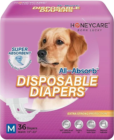 HoneyCare All-Absorb Disposable Female Dog Diapers, Super Absorbent, Breathable, Wetness Indicator, Large, 18-27 inches, 72ct