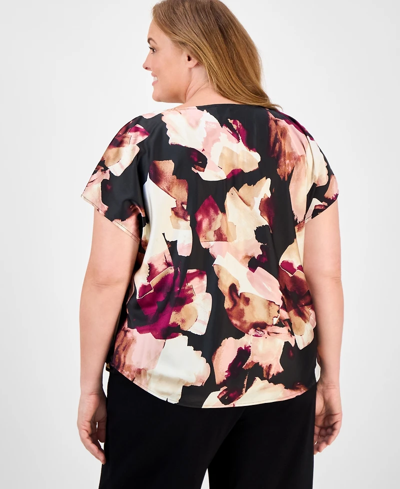 Anne Klein Plus Floral-Print Cowlneck Top