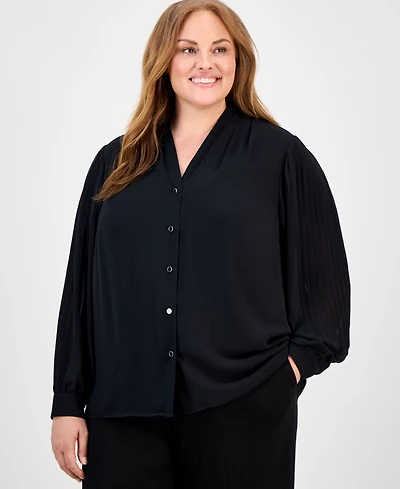 Anne Klein Plus V-Neck Button-Down Top