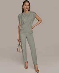Donna Karan New York Women's Short-Sleeve Embroidered Sequined Top