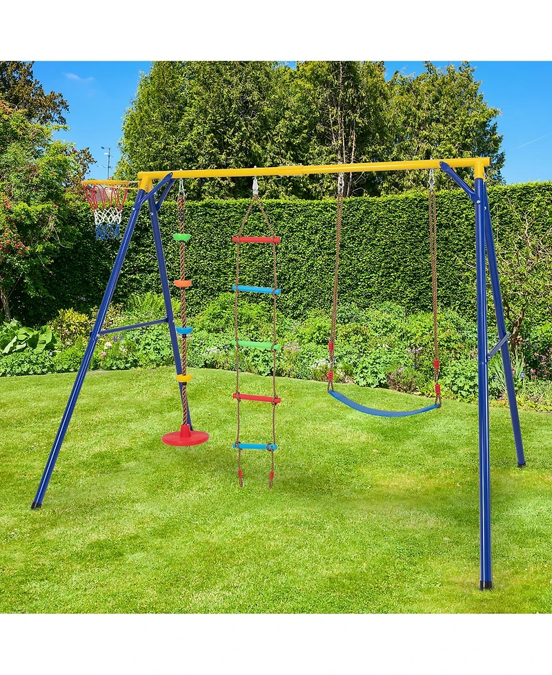 Gymax 4-in-1 Kids Swing Set Carbon Steel Swing Stand w/ Basketball Hoop Climbing Ladder