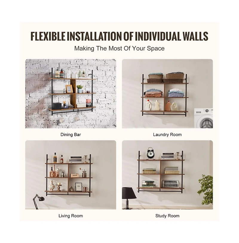 Slickblue Industrial Pipe Shelf 3 Tier Wall-Mount for Kitchen Bedroom