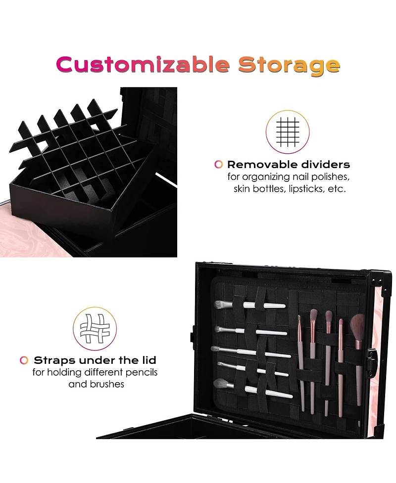 Byootique Rolling Cosmetic Case Nail Table Kit w/ 4 pcs Replacement Wheels Pink