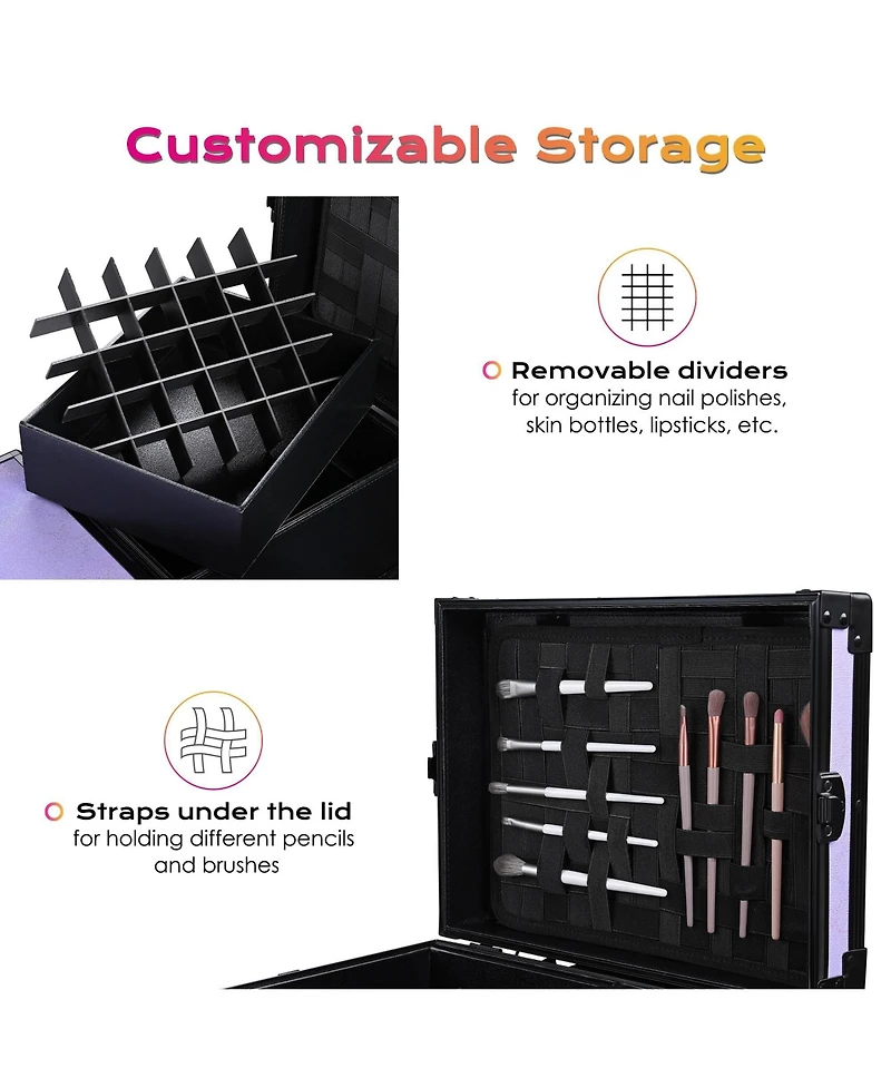 Byootique Rolling Makeup Train Case Nail Table w/ 4pcs Replacement Wheels Purple