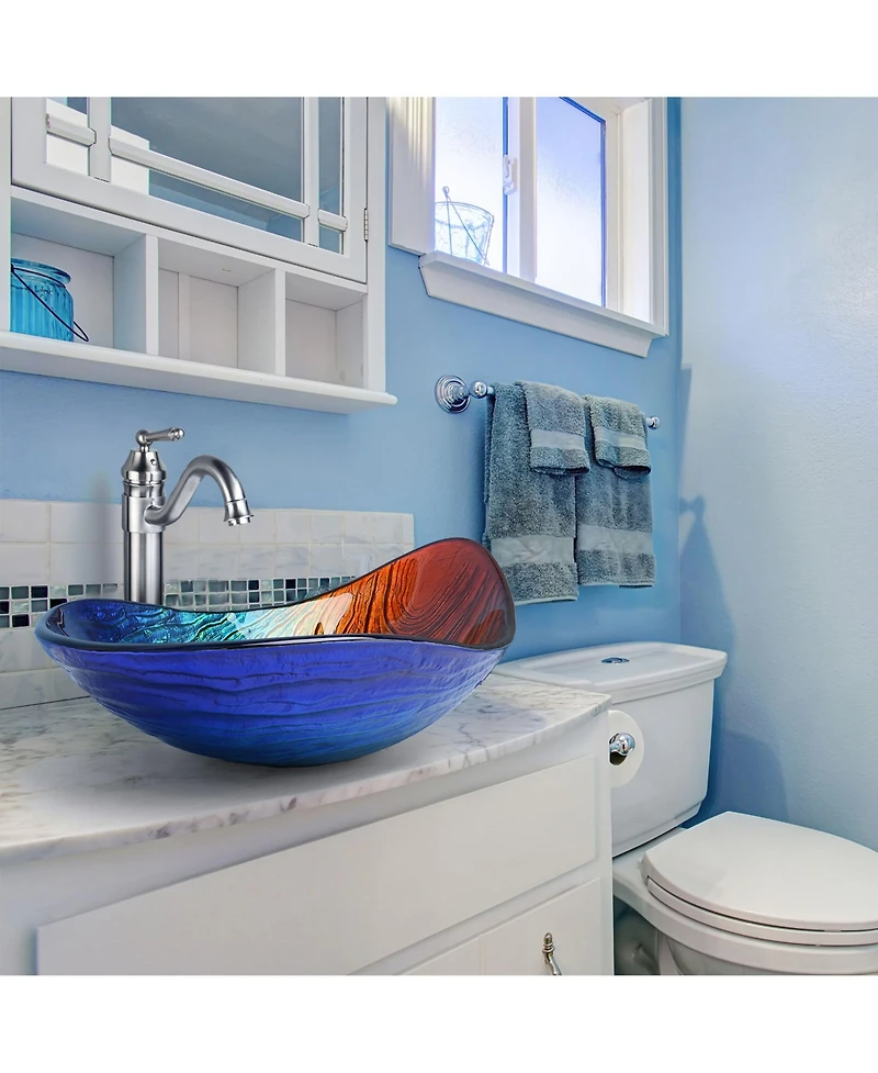 Aquaterior Bathroom Vessel Sink Tempered Glass WaterDrop w/ Single Handle Faucet