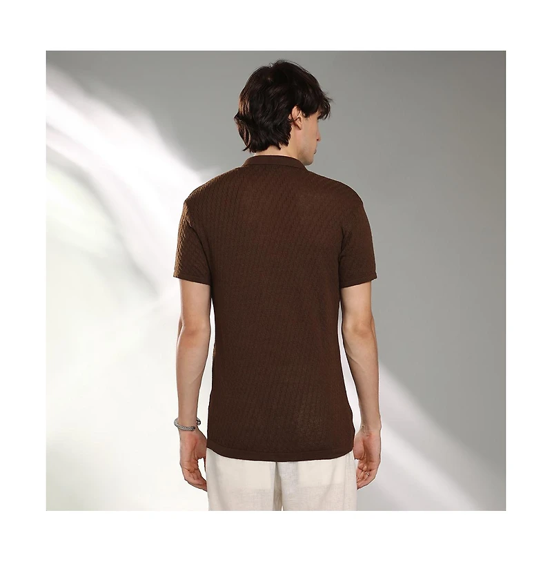 Campus Sutra Men's Taupe Brown Rhombus-Textured Knit Shirt